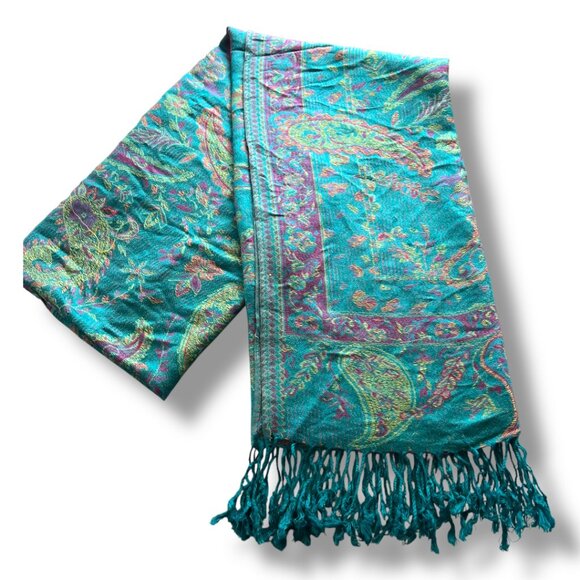 Pashmina Silk Blend Fringed Vibrant Aqua Fuchsia Paisley Scarf Shawl Wrap - Picture 5 of 11